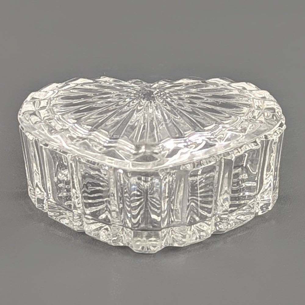 Vintage Heart Shaped Clear Pressed Glass Trinket Jewelry Box Sunburst Pattern